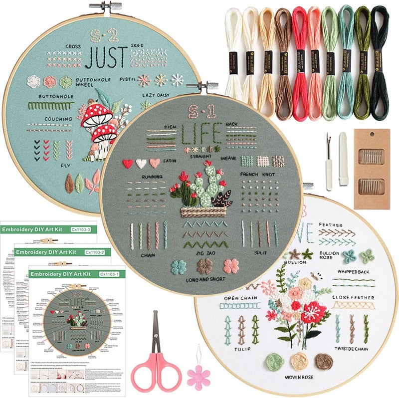COCOMOX 3 Sets Embroidery Kit for Beginners Adults, Needlepoint Cross Stitch Kits, Learn 34 Different Stiches DIY Kits, Hand Embroidery Kit with Simple Embroidery Patterns - Image 1